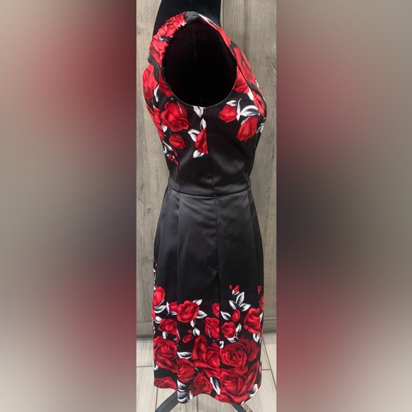 White House Black Market Red Rose Floral Satin Party Sun Dress Women's Size 0 - Picture 2 of 13